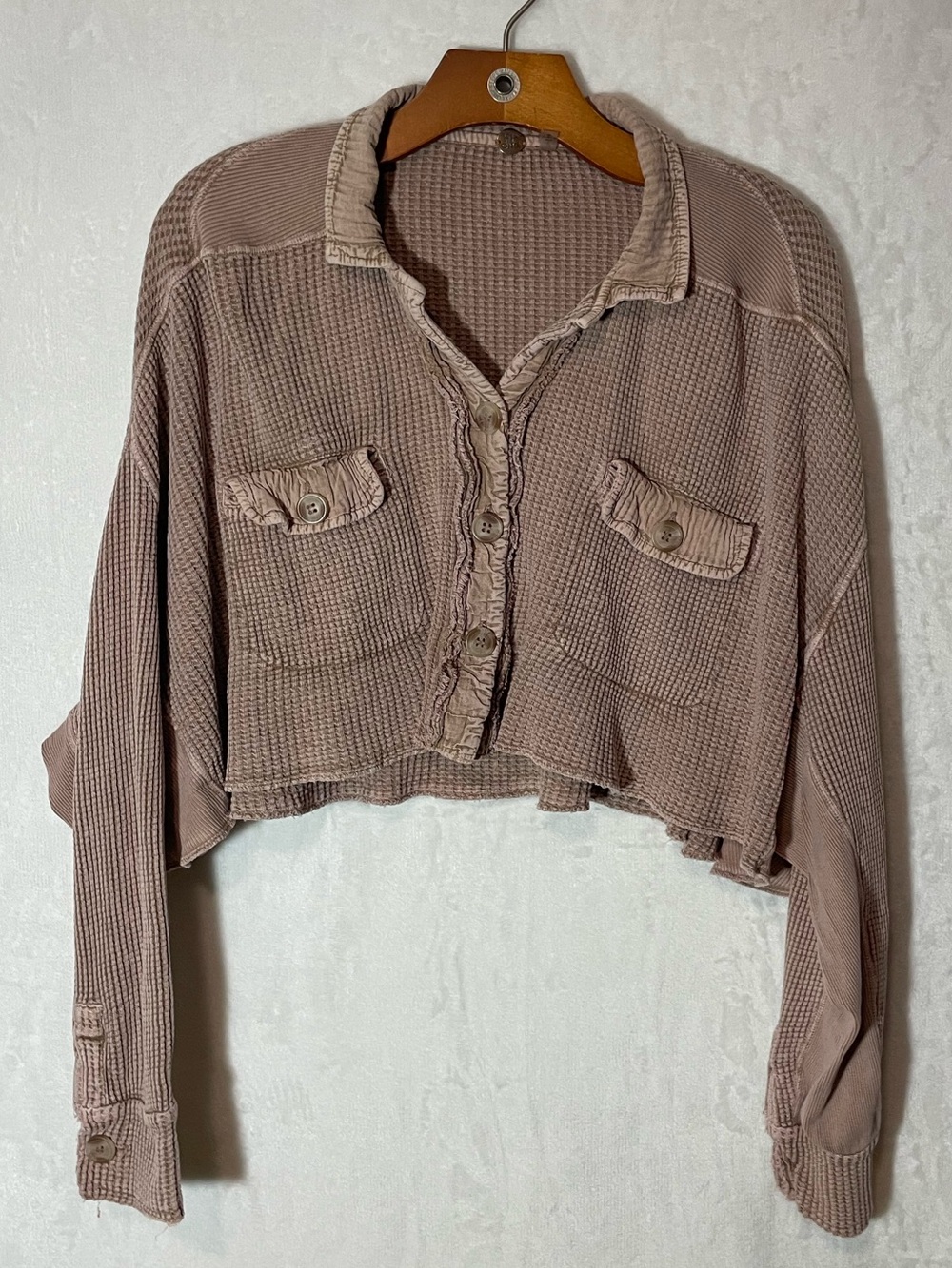 Cropped Waffle-Knit Button Front Top - Dusty Mauve